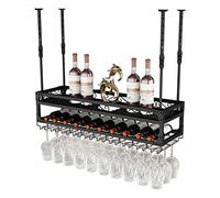 Portapattonata con portabricchina con portaoggetti per vino montato in vetro regolabile portabottiglie industriale portabola in vetro sospeso bar a casa pneumatico multifunzionale, nero, 80x35 cm