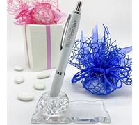 Portapenne con base in vetro con penna a sfera in metallo bianco, con stampa color argento "Battesimo" , bomboniera utile maschietto o femminuccia.(Confezione con Scatola+Sacchetto portaconfetti)