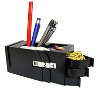 Portapenne da scrivania, modello calendario perpetuo the space age design, misura 16,5x7,5x7 centimetri con cassetti apribili, colore nero, fornito in confezione da due pezzi