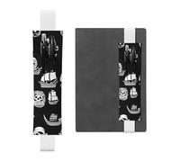 Portapenne in pelle bianca, segnalibro, immagine di pirati in bianco e nero, elastico regolabile da 8,3 a 1,8 pollici per quaderni, diari, manuali e planner.