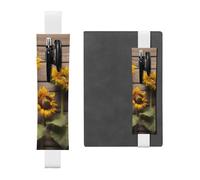 Portapenne in pelle bianca, segnalibro MJHKXLJ Tre girasoli su motivo in legno, fascia elastica regolabile da 21,1 a 4,6 cm, per quaderni, diari, diari con copertina rigida