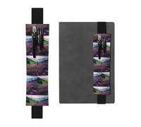 Portapenne in pelle nera segnalibro HYTTER Nature fiori viola prato montagna scenico stampato fascia elastica regolabile 21,1-4,6 cm per quaderni diari manuali pianificatori