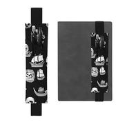 Portapenne in pelle nera, segnalibro, immagine di pirati in bianco e nero, elastico regolabile da 8,3 a 1,8 pollici per quaderni, diari, manuali e planner.