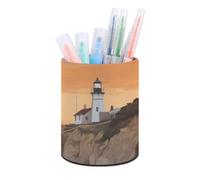 Portapenne in piedi Lighthouse Located by The Sea Pencil Case Round Pencil Holder PU Leather Pencil Bag Stationery Case for Office Stand-up Organizer Retrattile Pencil Pouch,