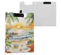 Portapenne pieghevole con due clip in metallo con motivo alberi tropicali, conchiglie, mari, gabbiani, con copertina rigida, portablocco per appunti e documenti