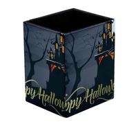 Portapenne quadrato da scrivania, con scritta "Happy Halloween", con castello di zucca, luna, penna, tazza, pennelli da trucco, supporto da scrivania, organizer per cancelleria, per casa, ufficio