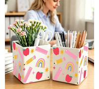 Portapenne quadrato in acrilico bianco con motivo righello arcobaleno e matita, contenitore minimalista e alla moda per pennelli da trucco e matite. Essenziale per gli insegnanti, adatto come regalo p