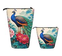 Portapenne Telescopico Classical Chinese Colorful Peacock And Peony Flowers Astuccio Telescopico Portapenne Portatile Multifunzionale Borsa Trucco, Pour Pennello, Ragazze, Bambini