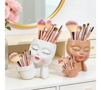 Portapennelli da trucco a doppia fessura con viso da ragazza carino - con design a occhi chiusi e guance rosate, perfetto per organizzare pennelli da trucco, penne e piccoli utensili, può essere posiz