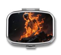 Portapillole a 2 scomparti con teschi che bruciano il fuoco, custodia da viaggio con specchio impermeabile, organizer per medicine e pillole 2 volte al giorno, contenitore portatile per borsa e tasca