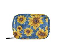 Portapillole da viaggio con girasoli gialli su blu, 7 giorni, piccolo, portatile, organizer settimanale per vitamine con cerniera
