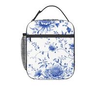 Portapranzo con foglie floreali blu per uomo e donna, borsa termica isolante, borsa per il pranzo riutilizzabile con tasca frontale, borse per il pranzo per uomo e donna per lavoro, picnic, viaggi, bo