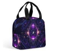 Portapranzo pieghevole leggero per uomo e donna con simboli di geometria sacra, sole e luna, viola psichedelico, ideale per picnic, feste, spesa e come borsa termica isolante a prova di perdite.
