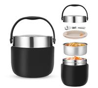 Portapranzo Termico per Alimenti 1200ml Contenitore Termico per Alimenti Caldi con Cucchiaio Pieghevole per Conservare Porridge,Zuppa,Frutta,Yogurt e Pranzi Nero