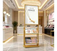 Portariviste da Terra Indipendente a 3 Ripiani con Cornice per Poster, Porta Giornali da Terra Metálico Resistente, Espositore Verticale di Riviste per Uso Domestico e Commerciale al Dettaglio Gold