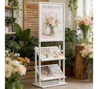 Portariviste da Terra Indipendente a 3 Ripiani con Cornice per Poster, Porta Giornali da Terra Metálico Resistente, Espositore Verticale di Riviste per Uso Domestico e Commerciale al Dettaglio White