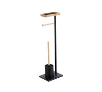 Portarotolo da Bagno con Scopino e Mensola in Metallo - Piantana WC 3 in 1 Nera Opaca, design moderno, supporto carta igienica con vassoio superiore, base stabile antiscivolo (Metallo e Bambù)