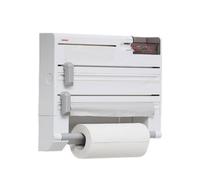 Portarotolo da cucina, da parete, per pellicola e rotolo di carta, con tagliacapsule, dispenser per tagliacapsule, bianco, 39 x 26 x 9,5 cm, un supporto per sei usi, risolve i problemi di
