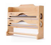 Portarotolo da Parete Relaxdays 3 in 1, per Cucina, Alluminio e Pellicola, bambù, HxLxP: 27 x 35 x 9 cm, Naturale