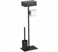 Portarotolo di carta igienica con scomparto per scopino integrato, base nera opaca per uso domestico commerciale, altezza 58,5 cm, contenitore in acciaio antiruggine (C)