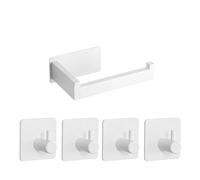 Portarotolo di carta igienica senza foratura, autoadesivo, in acciaio inox, con 4 ganci adesivi, gancio per asciugamani, porta carta igienica, porta carta igienica per bagno, bianco