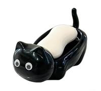 Portasapone a forma di gatto con fori di drenaggio, grazioso portasapone a forma di animale, per bagno e cucina, in plastica robusta, bianco o nero (nero)