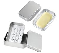 Portasapone in alluminio rettangolare, color argento, con coperchio e scolapiatti rimovibile, portatile per viaggi, dormitorio, casa, palestra, bagno, 2 pezzi