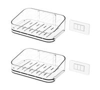 Portasapone in plastica riutilizzabile, confezione da 2, per bagno, montaggio adesivo trasparente, con vassoio rimovibile per la pulizia, vassoio rimovibile