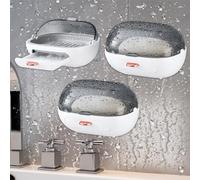 Portasapone senza fori, 3 pezzi, con scarico e coperchio, montaggio a parete, autoadesivo, in plastica, per bagno, cucina, Keep Dry
