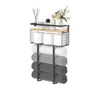 Portasciugamani da bagno a parete in legno verticale a 2 strati con griglie Mesh Design Metal Frame Mensola in legno