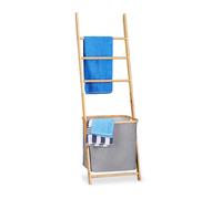 Relaxdays Portasciugamani a Scala, in Bambù e Tessuto, con Sacco Portabiancheria, HxLxP: 139x43,5x33 cm, Naturale Grigio