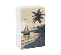 Portasigarette con stampa a forma di barca da pesca con albero di cocco, capacità 20 sigarette - Design a molla a scatto per apertura a scatto con una sola mano