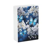 Portasigarette con stampa farfalle blu e fiori bianchi, capacità 20 sigarette - Design a molla a scatto per apertura a scatto con una sola mano