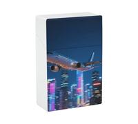 Portasigarette - Elegante portasigarette in plastica con aereo che vola sopra la città, per donne e uomini, organizer portatile antiurto per sigarette