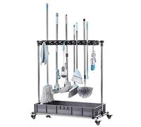 portaspazzole, Supporto for mocio mobile da pavimento con ruote, porta scopa e, organizer for utensili, 10 ripiani, 12 ganci for