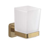 GEDY Tonga Portaspazzolini da Bagno Finitura Oro Opaco, Realizzato in Acciaio Inox AISI 304 e Cromall, Contenitore in Vetro Satinato, Portaspazzolini da Muro, Fissaggio con Viti o Biadesivo Incluso
