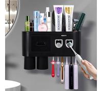 Portaspazzolino da parete multifunzione, dispenser automatico di dentifricio, salvaspazio, con 2 tazze e cassetti, organizer per cosmetici (nero 2 dispenser)