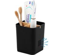 Portaspazzolino per bagno, 3 scomparti, con divisori in bambù, organizer in plastica per spazzolino elettrico e dentifricio, per lavandino, bancone, doccia, vanità, nero
