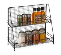 Relaxdays Portaspezie Salvaspazio da Cucina, 2 Mensole, Scaffale per Spezie Autoportante, Organizer in Metallo, Nero, Ferro, 1 pz