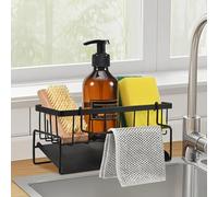 portaspugne per lavello cucina, organizer cucina, portaoggetti per lavello in acciaio inox con vaschetta di scarico automatica, portaoggetti per spugne, asciugamani, spazzole, nero