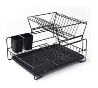 Portastoviglie con sgocciolatoio, Set scolapiatti a 2 livelli con cestello for posate, organizer da cucina in acciaio, nero(A)