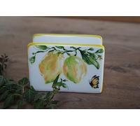 Portatovaglioli decorativi in ceramica bianca con bordo giallo, motivo limoni e farfalla, 11,5 x 8 x 5,5 cm