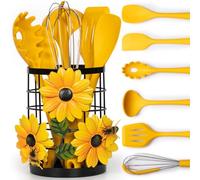 Portautensili a forma di girasole con set di utensili da cucina in silicone, 6 pezzi, porta barattolo, decorazione da cucina e accessori a tema, contatore giallo, decorazione da cucina country,