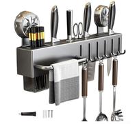 Portautensili da cucina a parete con ganci, slot regolabili e portasciugamani per un uso efficiente dello spazio e un facile accesso agli strumenti (grigio 40 cm)