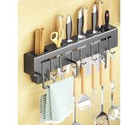 Portautensili da cucina montati a parete in acciaio inossidabile, 40cm nero 8-gancio, scaffale di stoccaggio, gancio, porta coltello, utilizzato per la conservazione degli utensili da cucina