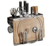 Portautensili da cucina, organizer da parete, con rastrelliera per bacchette e tagliere, in acciaio al carbonio, installazione senza trapano, vassoio antigoccia integrato, ganci resistenti