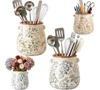 Portautensili in ceramica rustica, 16 cm, 2 pezzi | Organizer per utensili con tappetino antiscivolo, base pesante che impedisce il ribaltamento, vaso e uso decorativo per piano