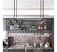 Portavini sospensabile per soffitto, scaffale per vino in metallo con vano a nido d’ape per bottiglie e bicchieri, mensola bar sospesa per cantina domestica, cucina e ristorante(Black,120*30*40cm)