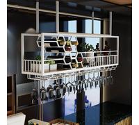 Portavini sospensabile per soffitto, scaffale per vino in metallo con vano a nido d’ape per bottiglie e bicchieri, mensola bar sospesa per cantina domestica, cucina e ristorante(White,120*30*40cm)
