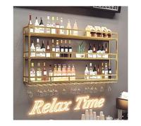 Portavino montato a muro con luce LED, supporto per vino multifunzionale e portabicchieri rovesciati portabottiglie in metallo a 3 livelli per casa, ristorante, bar (Colore: Oro, Dimensioni: